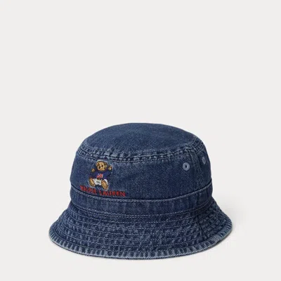 Ralph Lauren Babies'  Polo Bear Indigo Denim Bucket Hat In Blue
