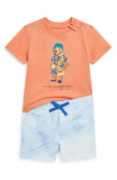 Ralph Lauren Babies'  Polo Bear Jersey T-shirt & Terry Short Set In Sum25 Bear Peach Tree