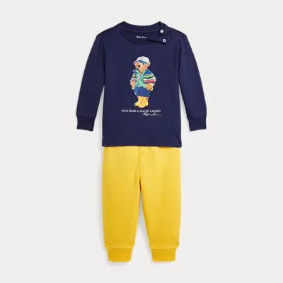 Polo Ralph Lauren Babies' Ralph Lauren Polo Bear Long Sleeve Cotton Graphic T-shirt & Joggers Set In Newport Navy/canary Yellow