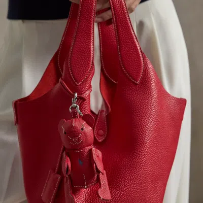 Polo Ralph Lauren Polo Bear Leather Bag Charm In Cherry In Red