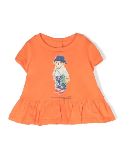 Polo Ralph Lauren Babies' Polo Bear-print Ruffled-hem T-shirt In Orange