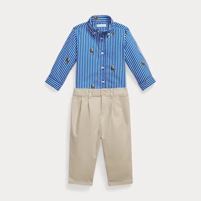 Ralph Lauren Babies' Polo Bear Shirt & Flex Abrasion Pant Set In Equestrian Bear Stripe In Blue