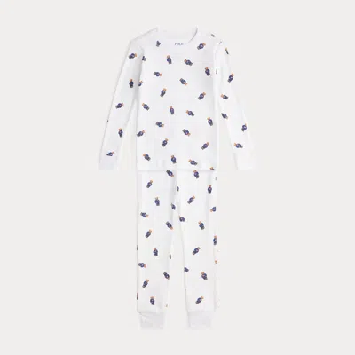Ralph Lauren Kids' Polo Bear Tee & Flannel Pant Sleep Set In White / Office Blue
