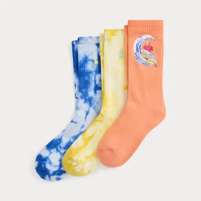 Ralph Lauren Kids' Polo Bear Tie-dye Crew Sock 3-pack In Orange Multi