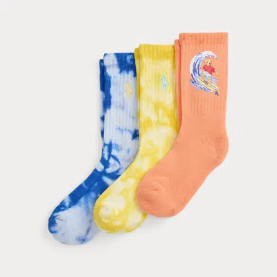 Ralph Lauren Kids' Polo Bear Tie-dye Crew Sock 3-pack In Orange Multi In Blue