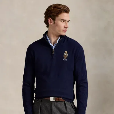 Ralph Lauren Polo Bear Wool Quarter-zip Sweater In Blue