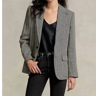 Ralph Lauren Herringbone Linen-blend Blazer In Black/cream Herringbone