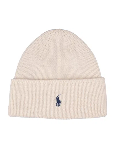 Ralph Lauren Polo Pony Beanie In White Wool