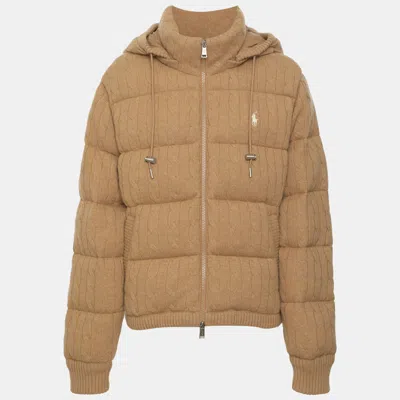 Pre-owned Ralph Lauren Polo  Beige Cable Knit Wool And Cashmere Removable Hooded Puffer Jacket M