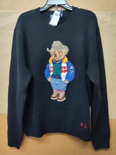 Pre-owned Ralph Lauren Polo  Cowboy Hat Bear Knit Wool Sweater 710931729001 Black Sz Xl