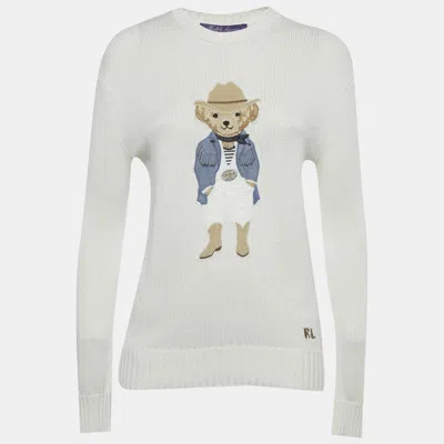Pre-owned Ralph Lauren Polo  Ivory Suede Teddy Applique Knit Sweater Xs In White