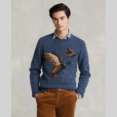 Pre-owned Ralph Lauren Polo  Mallard Duck Wool Sweater Suede Elbow Patch 710879097001 Sz S In Blue