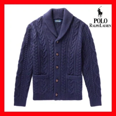Pre-owned Ralph Lauren Polo  Men's Aran-knit Wool-cashmere Shawl Cardigan Navy Men's L In Blue
