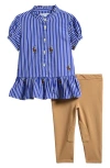 Ralph Lauren Pony Bear Stripe Ruffle Shirt & Pants Set In Multi