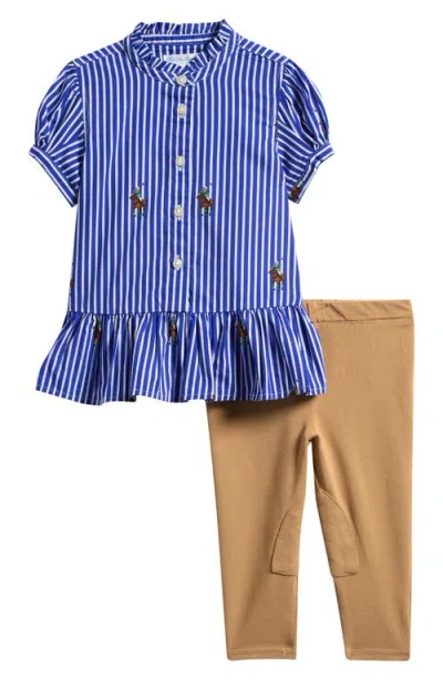 Ralph Lauren Babies'  Pony Bear Stripe Ruffle Shirt & Pants Set In Multi