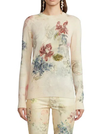 Pre-owned Ralph Lauren Pre-loved Women's Cashmere Watercolor Floral Print Sweater With Beaded Embellishments In Cream/ Burg In Multi
