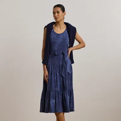 Ralph Lauren Print Belted Slub Jersey Tiered Dress In Blue Multi