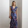 Ralph Lauren Print Ruffle-trim Crinkle Georgette Gown In Blue