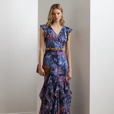 Ralph Lauren Print Ruffle-trim Crinkle Georgette Gown