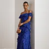 Ralph Lauren Print Ruffle-trim Off-the-shoulder Gown In Blue