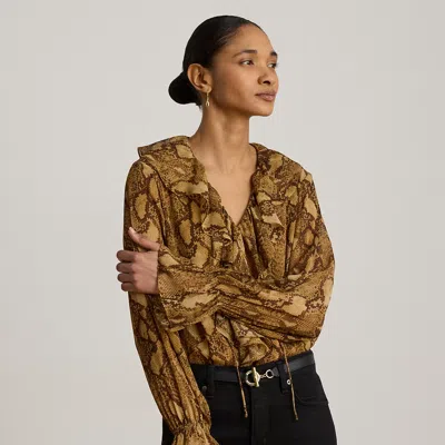 Ralph Lauren Print Ruffle-trim Georgette Blouse In Tan Multi