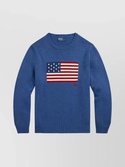 Ralph Lauren Printed Cotton Crew Neck Sweater In Blue