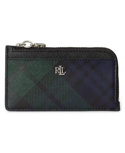 Ralph Lauren Printed Crosshatch Mini Leather L-zip Card Case Wallet In Black Watch Tartan