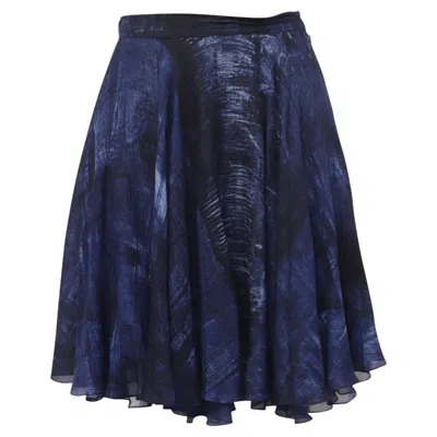 Pre-owned Ralph Lauren Printed Mini Circle Skirt In Navy Blue Silk