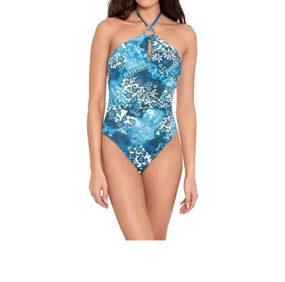 Ralph Lauren Printed Rattan Ring Halter Neck One Piece Swimsuit In Blue