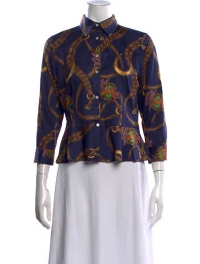 Pre-owned Ralph Lauren Printed Three-quarter Sleeve Blouse In Blue