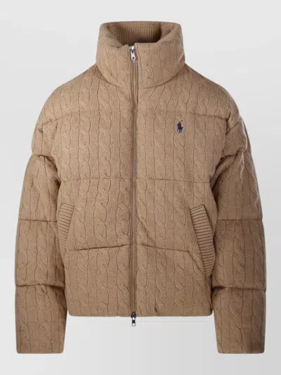 Ralph Lauren Puffer Coat High Collar Cable Knit In Brown