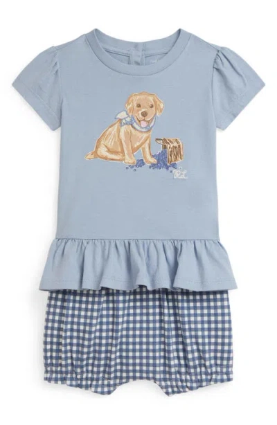 Ralph Lauren Babies'  Puppy Cotton Graphic T-shirt & Gingham Shorts Set In Blue