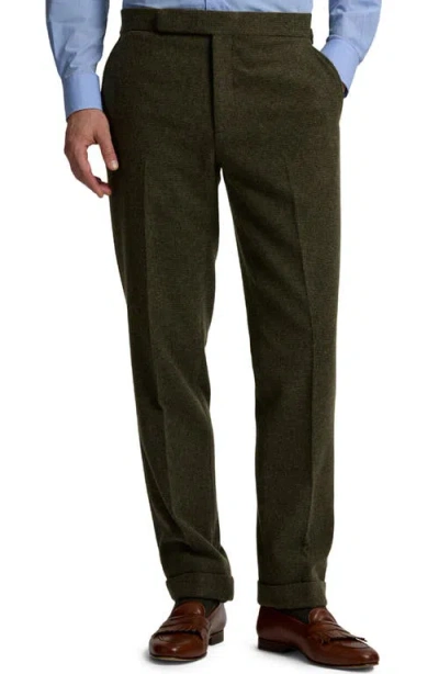 Ralph Lauren Purple Label Flat Front Wool & Silk Blend Tick Weave Suit Pants In Green