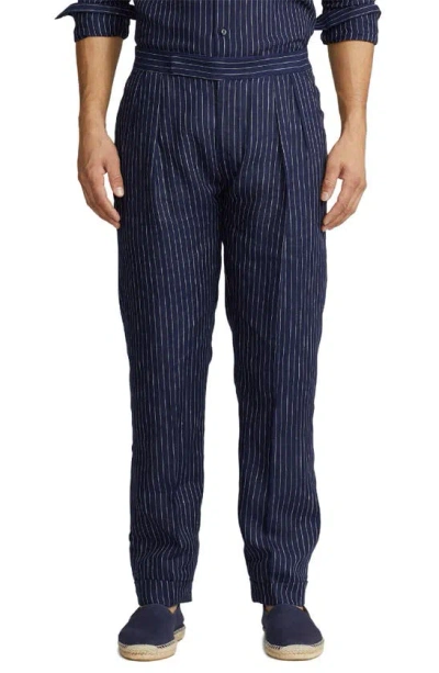 Ralph Lauren Purple Label Glenn Pinstripe Cuff Hem Linen Trousers In Spring Navy/ Cream