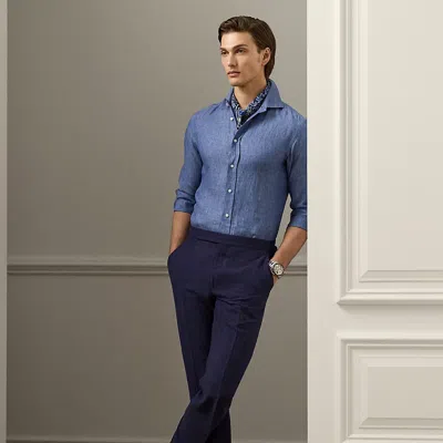 Ralph Lauren Purple Label Gregory Hand-tailored Silk-linen Trouser In Blue
