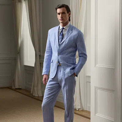 Ralph Lauren Hand-tailored Houndstooth Linen Trouser In Cornflower Blue/white