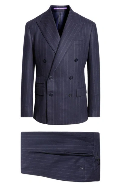 Ralph Lauren Purple Label Kent Hand Tailored Chalk Stripe Wool Flannel Suit In Navy/cream