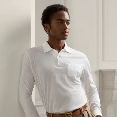 Ralph Lauren Purple Label Lisle Pocket Long-sleeve Polo Shirt In White