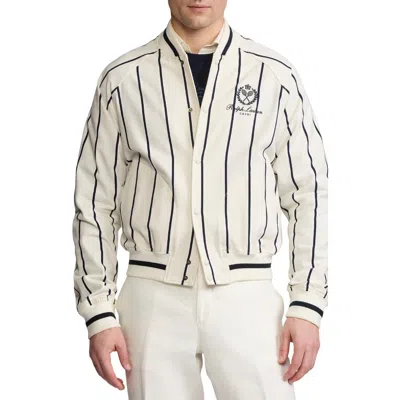 Ralph Lauren Purple Label Luxury Forsythe Stripe Cotton & Cashmere Bomber Jacket In Classic Cream/navy