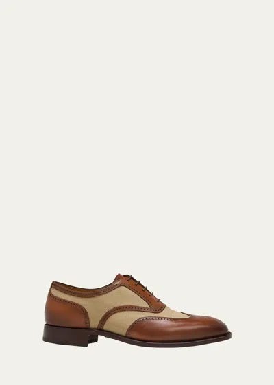 Ralph Lauren Purple Label Men's Devon Canvas And Calfskin Wingtip Brogue Oxfords In Tan