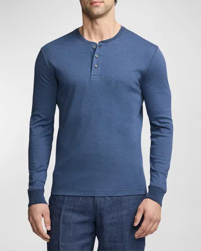 Ralph Lauren Purple Label Men's Interlock Cotton Long-sleeve Henley Shirt In Blue