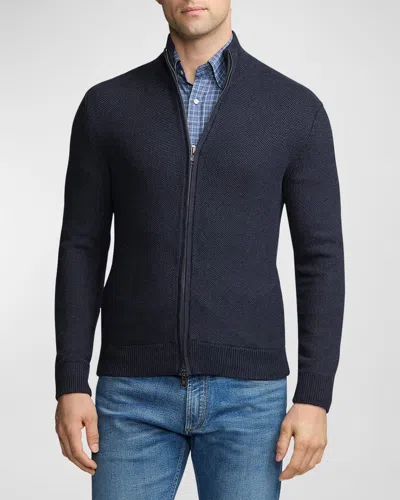 Ralph Lauren Purple Label Men's Silk-cotton Full-zip Sweater In Dark Melange Blue