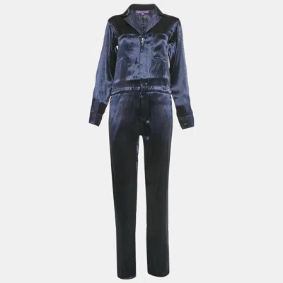 Pre-owned Ralph Lauren Navy Blue Silk Lurex Long Sleeve Jumpsuit M