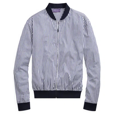 Pre-owned Ralph Lauren Purple Label Navy Striped Cotton Twill Bomber Jacket Xl $595 In Blue