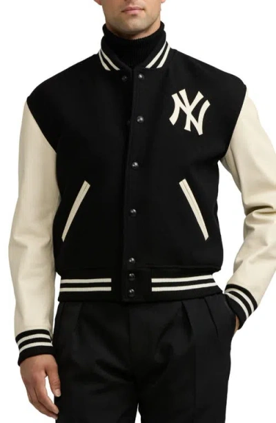 Ralph Lauren Purple Label New York Yankees Mixed Media Varsity Jacket In Black Multi/polo Black