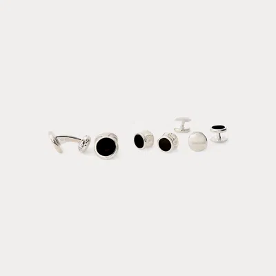 Ralph Lauren Onyx Cuff Link & Stud Set In Silver