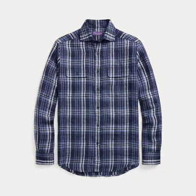 Ralph Lauren Purple Label Plaid Linen Twill Shirt In Blue