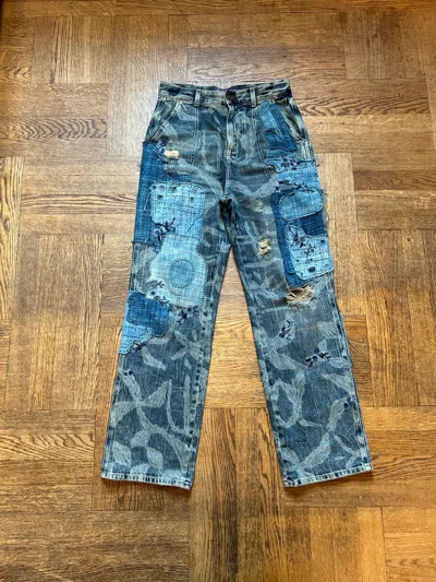 Pre-owned Ralph Lauren Purple Label Runway Tie-dyed Hand Embroidered And Beaded Boro Jeans In Blue