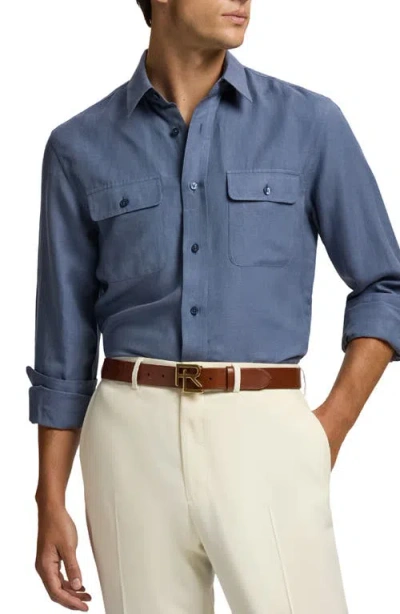 Ralph Lauren Purple Label Silk & Linen Button-up Shirt In Blue
