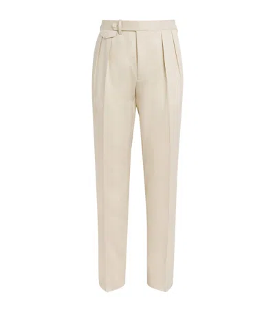 Ralph Lauren Purple Label Silk Pleated Gregory Straight Trousers In Ivory
